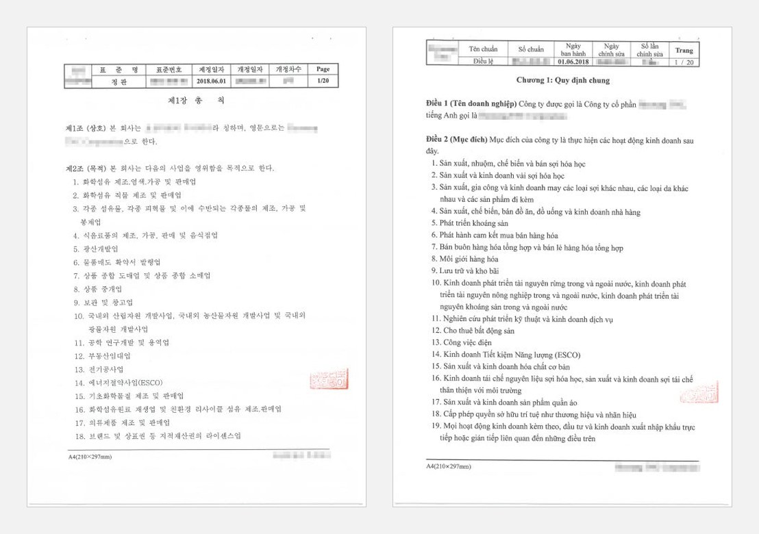 회사명을 가린 한글 정관 첫 페이지와 같은 페이지의 베트남어 번역문이 나란히 놓여 있습니다