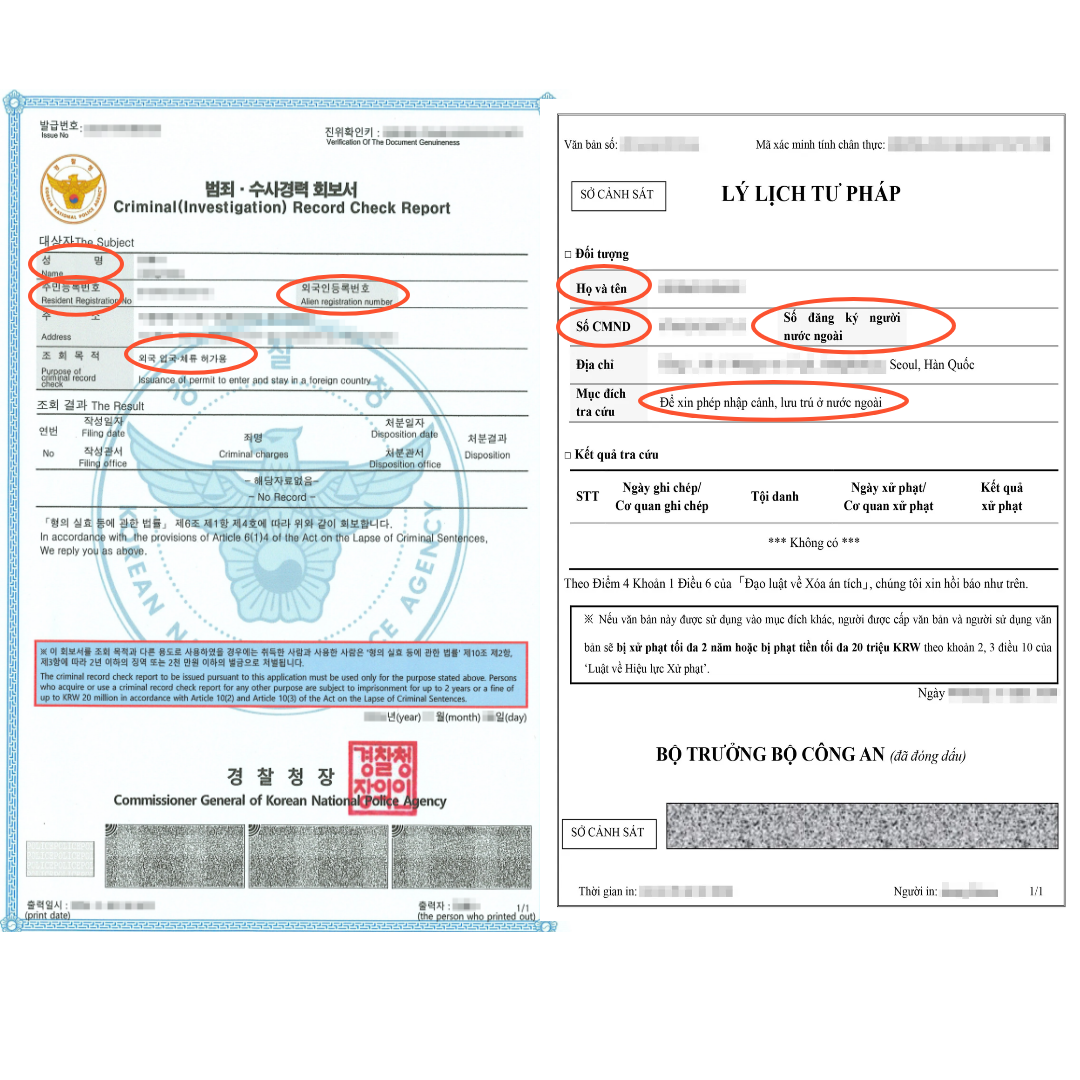 개인정보를 가린 범죄경력회보서 원본과 번역문이 나란히 놓여 있고 대응하는 칸이 빨간 원으로 표시돼 있습니다