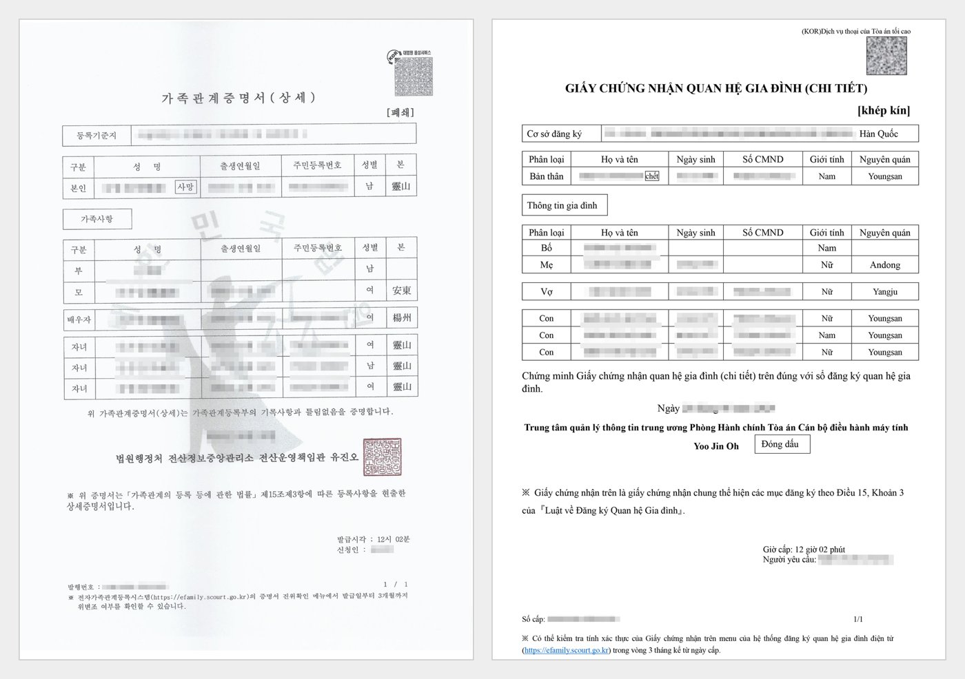 개인정보를 가린 가족관계증명서 상세 원본과 같은 서류의 번역문이 나란히 놓여 있습니다
