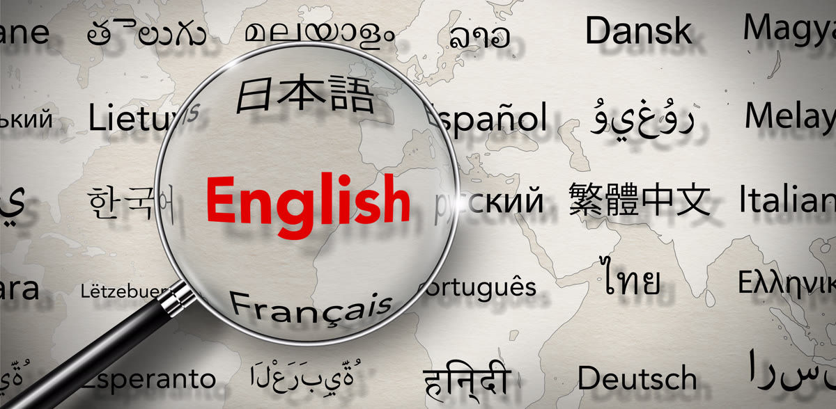 세계 지도 위에 여러 나라 언어 이름이 적혀 있고 돋보기가 English를 확대하는 모습으로, 위임장 번역 언어를 제출 국가 기준으로 정하는 과정을 표현한 이미지